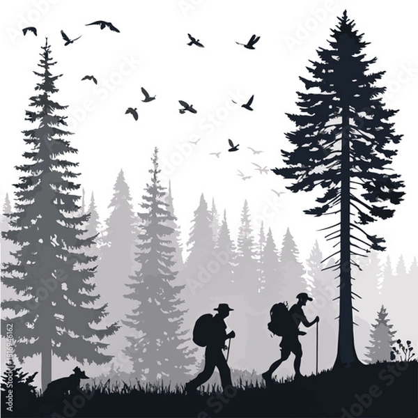 Fototapeta Silhouette of Hikers and Dog in a Misty Forest with Flying Birds Keywords: hiking, trekking, forest, wilderness, nature, adventure, outdoors, trees, pine trees, mist, fog, silhouette, dog, animal