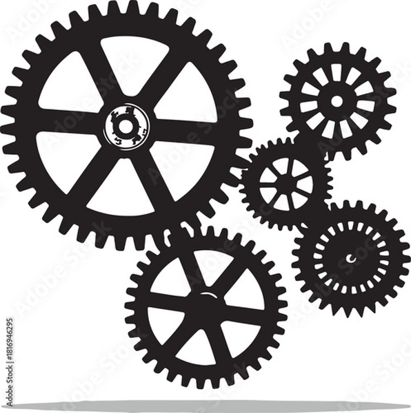 Fototapeta Silhouette of Interlocking Gears and Cogs on White Background Keywords: gears, cogs, machinery, mechanical, engineering, industry, technology, silhouette, black and white, industrial, design