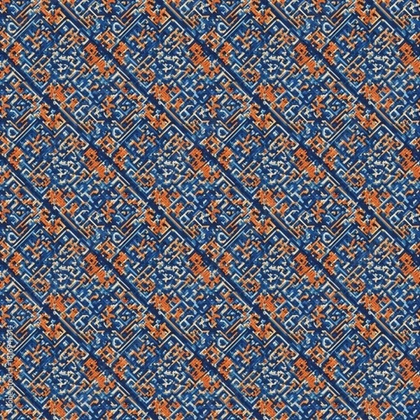 Obraz Seamless Turkish tile inspired pattern, blue and orange, intricate geometric design, high-resolution fabric design textile pattern seamless fabric pattern, textile background 