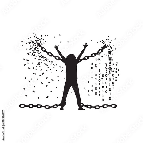 Fototapeta Silhouette of person breaking free from chains with binary code and scattered shapes person silhouette