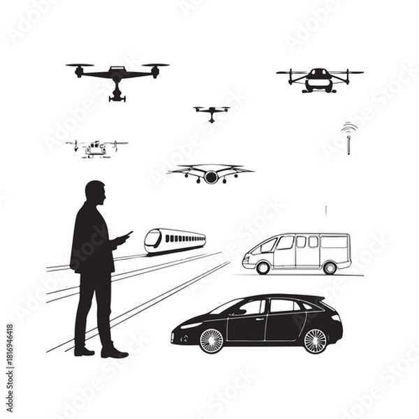 Fototapeta Silhouette of man with smartphone surrounded by various transportation drones train van and car quadcopter