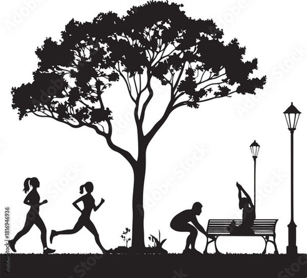 Fototapeta Silhouette of people running and exercising in a park with trees and lampposts Keywords: people, running, jogging, park, silhouette, trees, lamppost, bench, exercising, yoga, fitness, outdoors