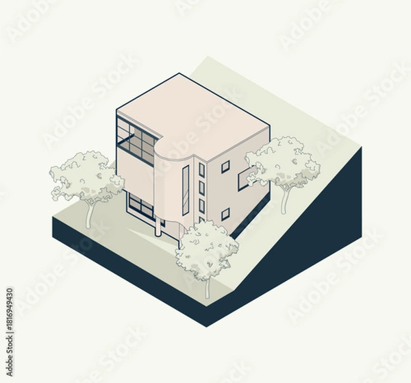 Fototapeta A detailed vector isometric illustration showcasing a modern building. This clean, architectural graphic is perfect for urban planning visuals, real estate presentations