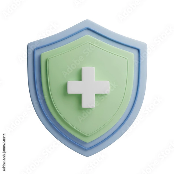 Fototapeta 3d rendering of a light blue and green shield with a white medical cross isolated on transparent background
