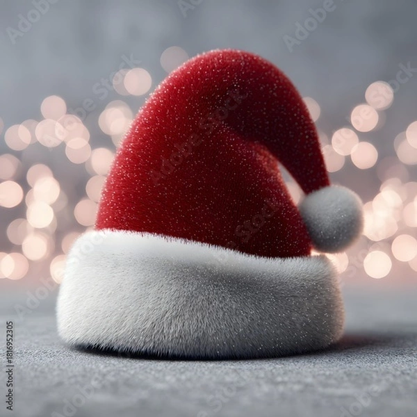 Fototapeta  Classic Red Santa Hat With White Fur Trim Against Soft Bokeh Lights