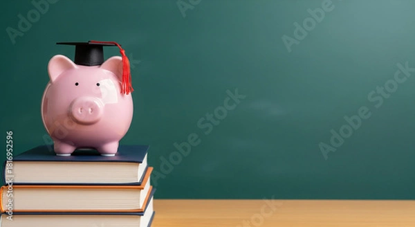Fototapeta Piggy Bank on a Stack of Books against a Chalkboard representing Saving Money for Education and Future Career Goals Concept
