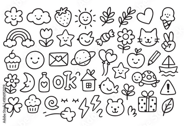 Obraz Set of Cute Hand Drawn Doodle Vector Clipart Elements. Funny Kawaii Style Collection with Nature, Animals, Food, and Happy Face Icons.