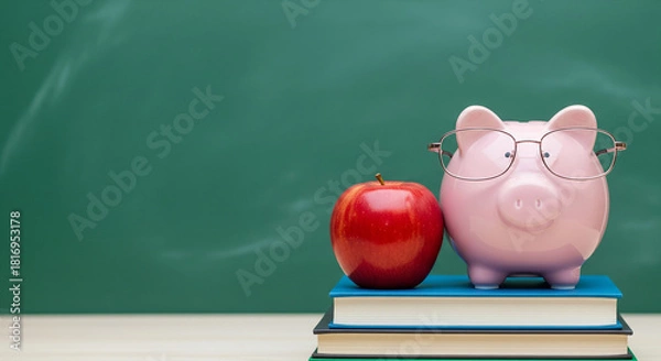Fototapeta Piggy Bank and Red Apple on Books against a Chalkboard representing Saving Money for Education, Learning, and School Budget Concept