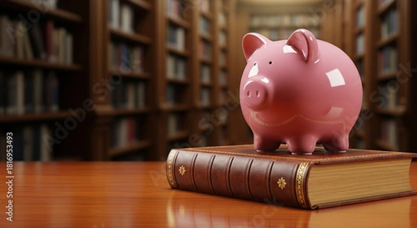 Fototapeta Piggy Bank on Books in a Library representing Saving Money for Education, Research, and Future Academic Career Goals Concept