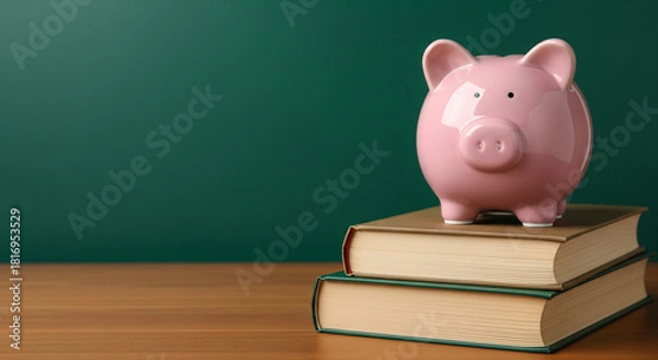 Fototapeta Piggy Bank on a Stack of Books on a Wooden Desk representing Saving Money for Education and Academic Financial Planning Concept