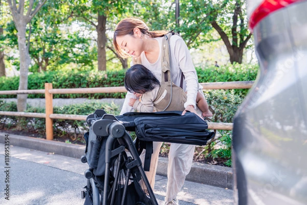 Obraz 子どもと車でお出かけするお母さん