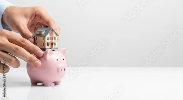 Fototapeta Hands Passing a House Model to a Piggy Bank representing Real Estate Investment Transfer and Future Property Saving Goal Concept
