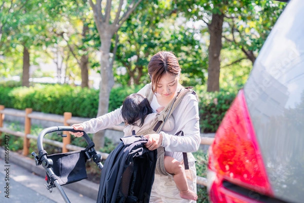 Obraz 子どもと車でお出かけするお母さん