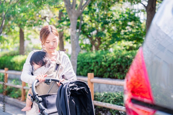 Obraz 子どもと車でお出かけするお母さん