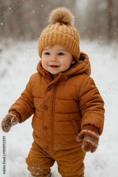 Obraz A toddler in a brown jacket smiles in the snow. He wears a knit hat and mittens outdoors. AI generated