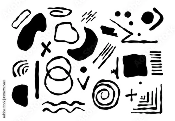 Obraz Different shapes, objects. Grunge texture set. Abstract doodle style. Hand drawn modern Vector illustration