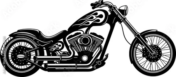 Obraz Black Chopper Motorcycle Flame Vector Illustration, Custom chopper motorcycle silhouette with flame designs and extended front fork creates classic american biker style ride