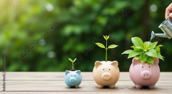 Fototapeta Small Hands Watering Piggy Banks with Plants representing Nurturing Financial Investment and Sustainable Growth Concept Background