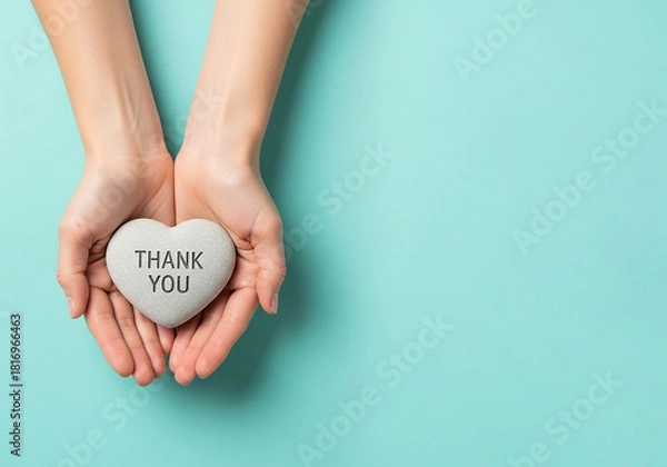 Fototapeta Top-down view of hands presenting a heart-shaped stone with 'Thank You', a minimalist and peaceful image perfect for conveying heartfelt appreciation
