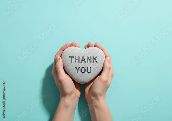 Fototapeta Hands gently cupping a 'Thank You' heart stone on a soft blue background, a creative and peaceful concept for showing gratitude and heartfelt thanks