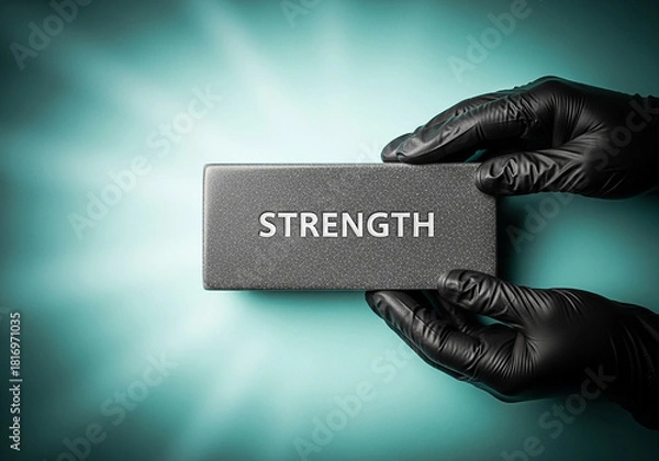 Fototapeta Gloved hands holding a block with the word 'Strength', a powerful and creative concept representing building resilience, support, and foundational power