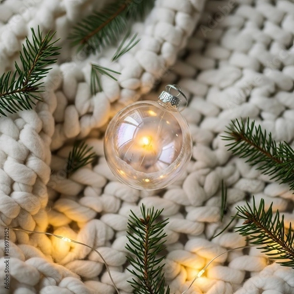 Obraz Gold Christmas baubles and ribbon decor on a pine tree branch for the holiday season celebration