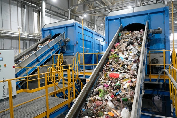 Obraz A waste sorting facility operates by separating various types of refuse for recycling. Conveyors carry debris, showcasing an assortment of discarded materials in a clean industrial environment