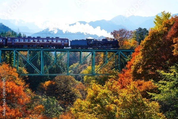 Obraz 鉄橋を渡る蒸気機関車