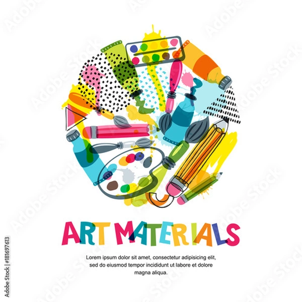 Obraz Materiały artystyczne do projektowania rzemieślniczego i kreatywności. Wektor zbiory ilustracji na białym tle w kształcie koła. Tło banera lub plakatu z ołówkami, pędzlami, farbami akwarelowymi.