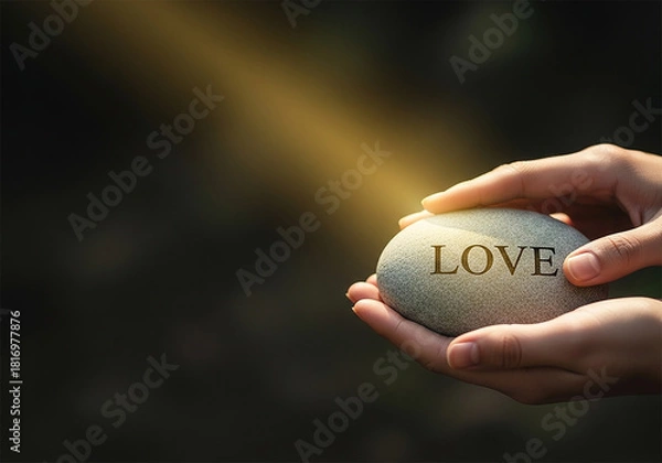 Fototapeta Hands holding a stone engraved with 'Love' in a gentle ray of light, a peaceful and tender concept perfect for representing affection, care, and emotion