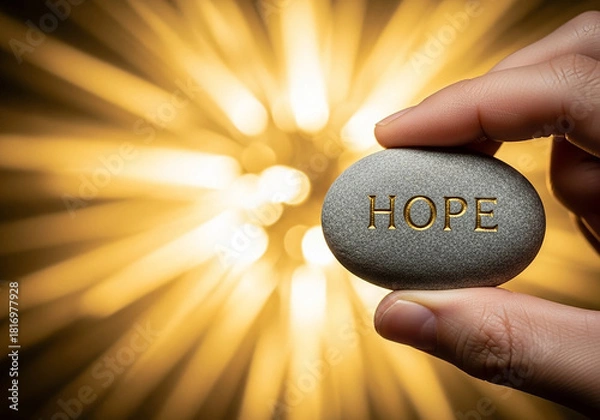 Fototapeta A hand holding a stone with the word 'Hope' in front of a radiant light, a creative concept for finding inspiration, belief, and a path forward in life