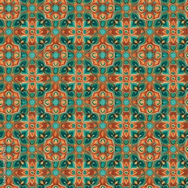 Fototapeta Seamless Turkish mosaic tile pattern, turquoise, cream, orange, intricate geometric repeat textile print ready seamless fabric pattern, textile background 