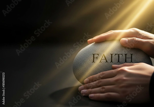Fototapeta Hands protectively hovering over a stone with the word 'Faith' under a light ray, a concept perfect for spirituality, belief, and divine guidance