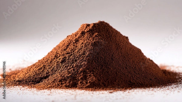 Fototapeta A close up pile of rich brown coffee powder on a clean surface, showing fine texture and deep color that evokes fresh aroma, warmth, and the ritual of morning brewing.
