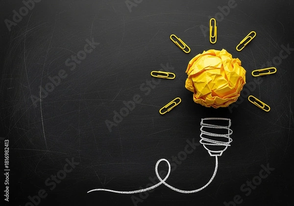 Fototapeta Crumpled paper lightbulb idea with a chalk drawing on a blackboard, a creative concept perfect for brainstorming, innovation, and discovering new solutions