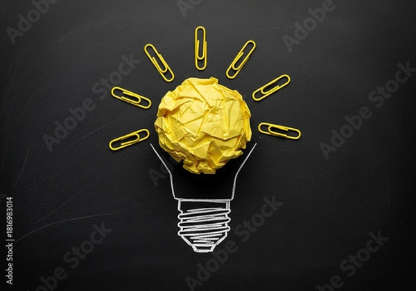 Fototapeta A glowing yellow crumpled paper lightbulb drawn on a chalkboard, a creative business concept perfect for representing a brilliant idea or innovative thinking