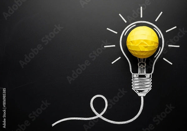 Fototapeta A crumpled paper lightbulb drawn on a chalkboard with ample copy space, a professional concept perfect for presenting new ideas and creative strategies