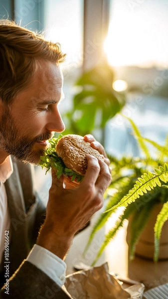 Obraz Man savors a sesame bun burger with fresh greens in a sunlit space, showcasing healthy eating amidst greenery. A moment of pure bliss.