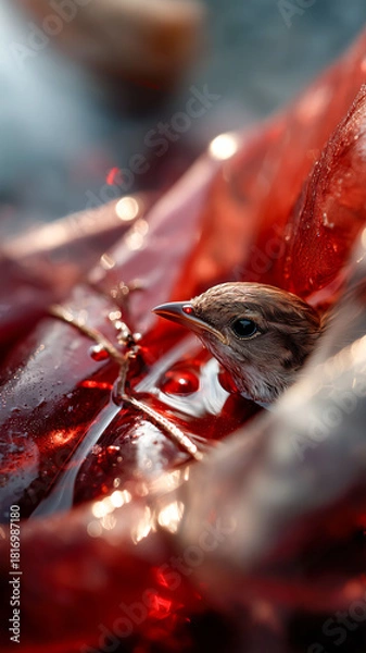 Obraz A small bird is immersed in a liquid that is red, causing a visual tension between fragility and an ominous setting. 