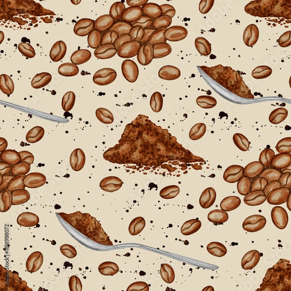Fototapeta Watercolor seamless pattern with coffee beans, spoons, and ground powder. Perfect for coffee shops, packaging, cafe menus, and branding designs.
