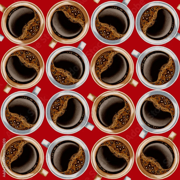 Obraz A seamless watercolor pattern featuring pastel coffee cups and roasted coffee beans. Perfect for coffee shop branding, menus, packaging, and textile prints.