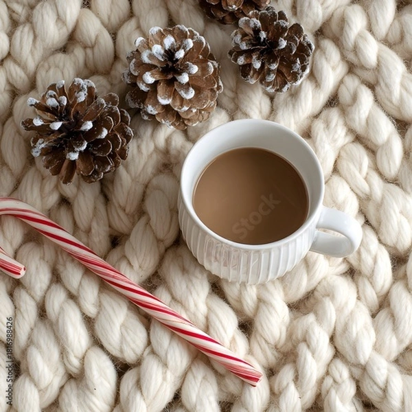 Obraz Coffee Mug with Candy Cane on Cozy Knit Blanket with Frosted Pinecones