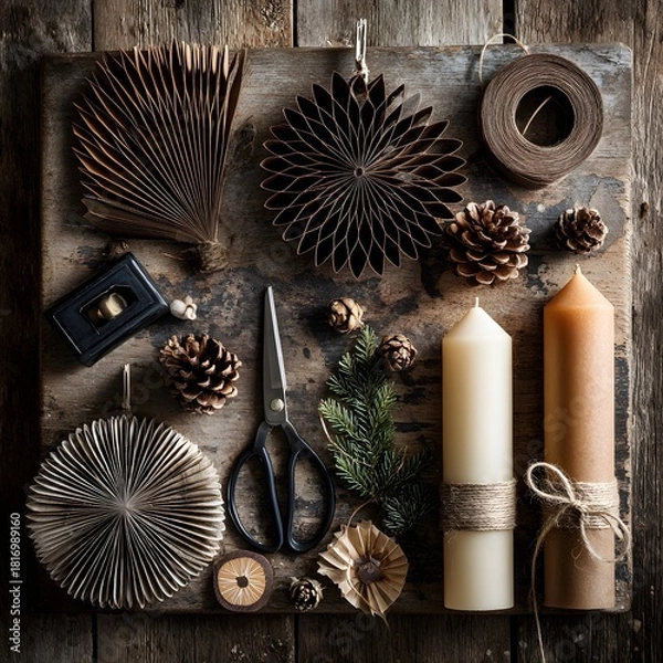 Obraz Rustic Christmas Flat Lay with Pinecones Candles and Natural Holiday Decorations