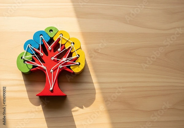 Fototapeta A colorful wooden tree with interconnected threads under sunlight, a beautiful concept representing diversity, unity, and creative connections in a team