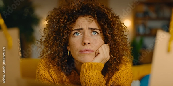 Fototapeta Young woman with a concerned expression sitting on a sofa in a cluttered room, wearing a mustard sweater and scrunchie hat, surrounded by moving boxes.

