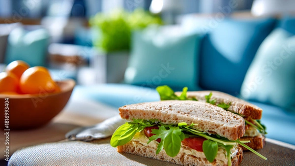 Fototapeta Rustic sandwich featuring fresh greens and tomatoes, accompanied by a bowl of bright orange fruits on a naturally-lit table.