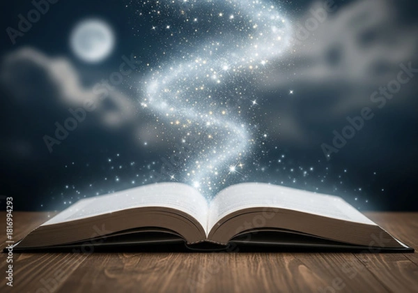 Fototapeta An open book releasing a magical stream of light under the moon, a creative concept perfect for storytelling, imagination, fantasy, and the magic of reading