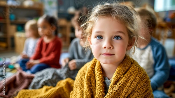 Fototapeta A young child with blue eyes and blond curly hair looks at the camera wrapped in a mustard color sweater at the preschool.