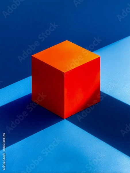 Fototapeta Bright orange geometric cube casting sharp shadows on a vibrant blue surface creating bold contrast and minimalist abstract composition with dramatic lighting effect