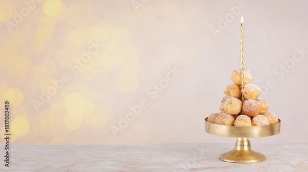 Obraz Cream puff tower dusted with powdered sugar on a golden stand with a lit festive candle